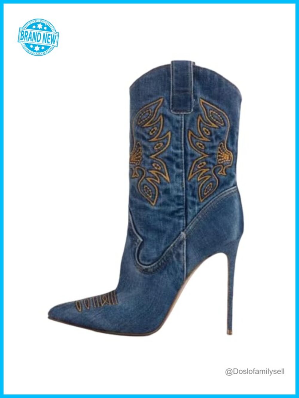 Embroidered Western Cowgirl Stiletto Heel Boots Pointed Toe Pull-Up